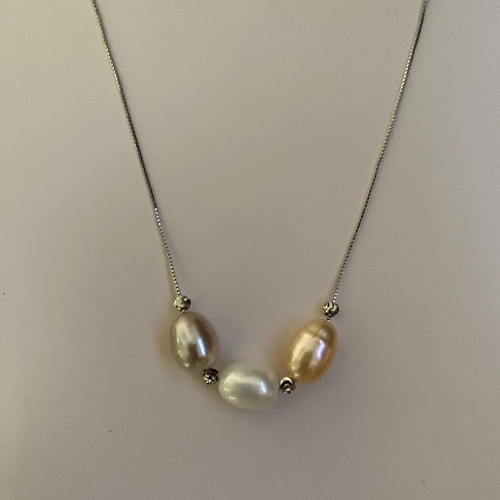 Natural Pink Purple White Akoya 10mm Pearl 925 Sterling Silver Box Chain